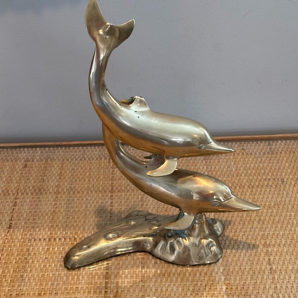Vintage Brass Sculpture of two Dolphins swimming made in Korea great condition!